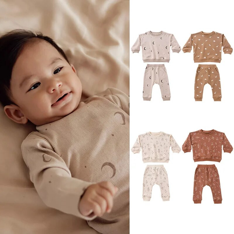 6-36M Newborn Kid Baby Boys Tüdrukute rõivakomplekt Pikkade varrukatega Pullover Top pükskostüüm Puuvillane Print Outfit Imiku 2tk Pusa komplekt
