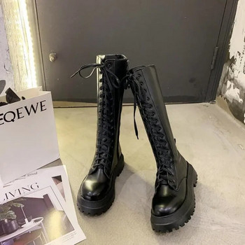Γυναικείες μπότες μοτοσικλέτας Wedge Flat παπούτσια Νέα γυναικεία ψηλοτάκουνα πλατφόρμα PU Δερμάτινες μπότες Lace Up Γυναικεία παπούτσια Μαύρες μπότες