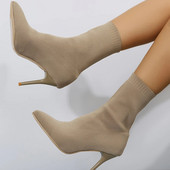 Botine tricotate cu toc stiletto la modă pentru femei Cizme șosete cu toc înalt Cizme scurte de culoare uni