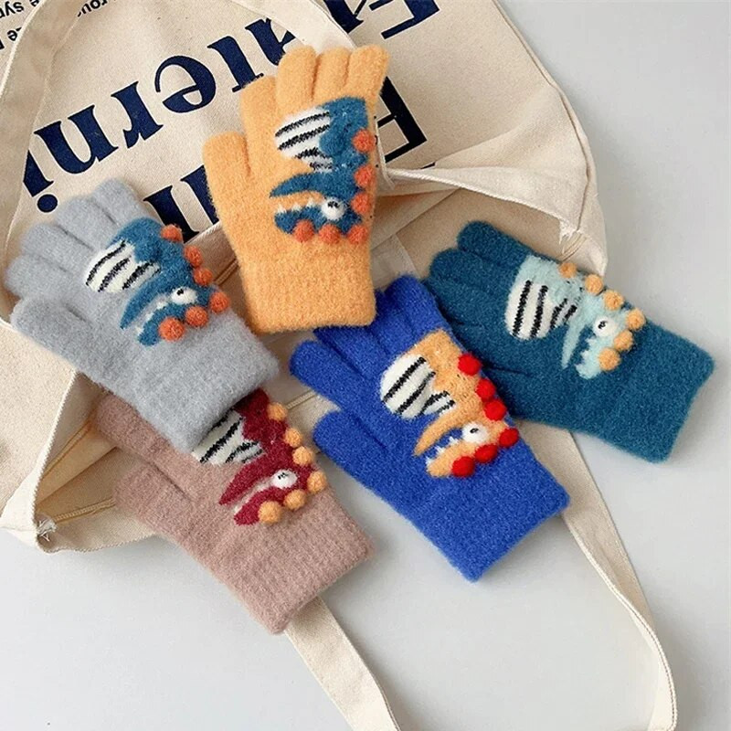 Mănuși calde pentru copii, cu dungi în contrast, cu dinozaur din desene animate, băieți, fete, pentru iarnă, pentru copii, în aer liber, pentru prevenirea frigului, mănuși de ciclism