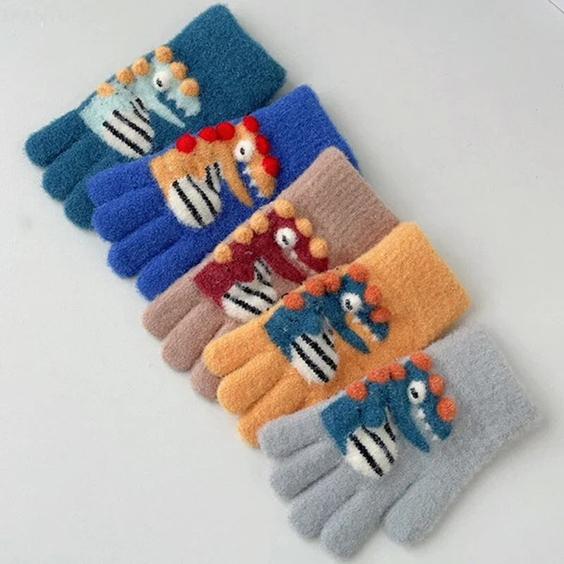 Mănuși calde pentru copii, cu dungi în contrast, cu dinozaur din desene animate, băieți, fete, pentru iarnă, pentru copii, în aer liber, pentru prevenirea frigului, mănuși de ciclism