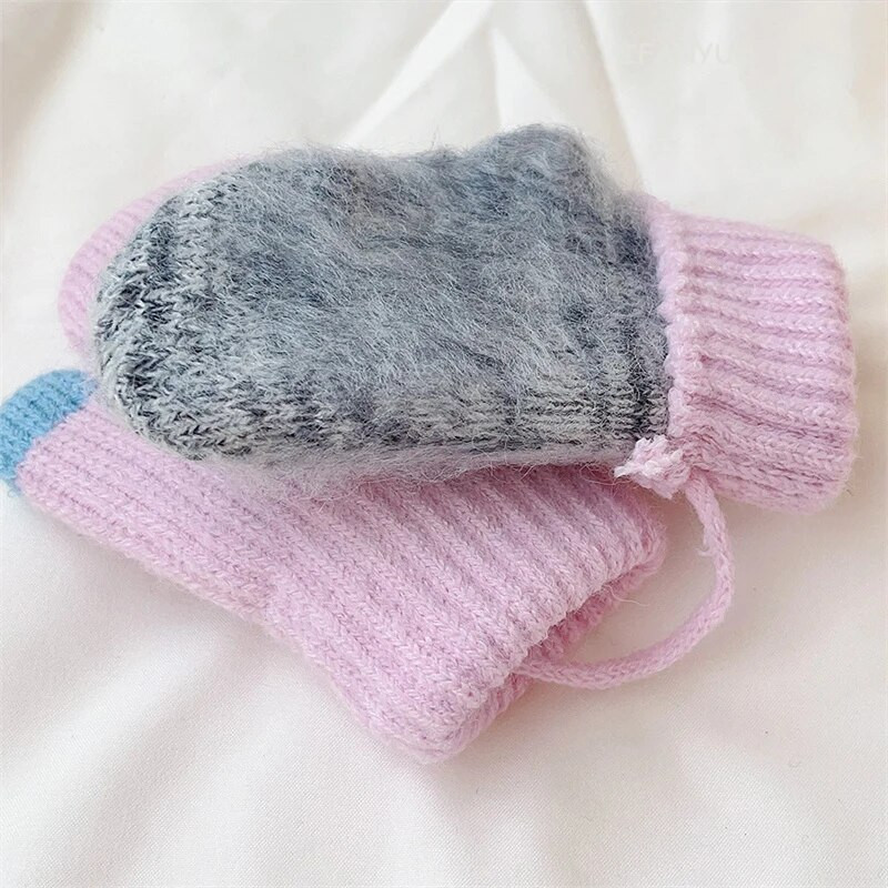 Desene animată drăguță fată pentru bebeluși mănuși tricotate iarnă calde pentru copii mănuși dublu strat îngroșate pentru copii, rezistente la vânt, cu funie de agățat