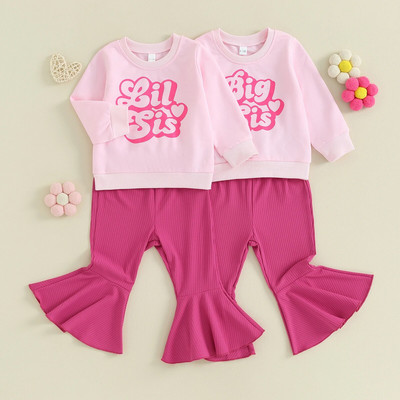 Citgeett Set de pantaloni pentru fete de toamnă pentru copii, cu mânecă lungă, cu litere, imprimeu, hanorac cu talie elastică, pantaloni evazați, set de îmbrăcăminte de toamnă
