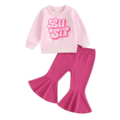 Citgeett Set de pantaloni pentru fete de toamnă pentru copii, cu mânecă lungă, cu litere, imprimeu, hanorac cu talie elastică, pantaloni evazați, set de îmbrăcăminte de toamnă