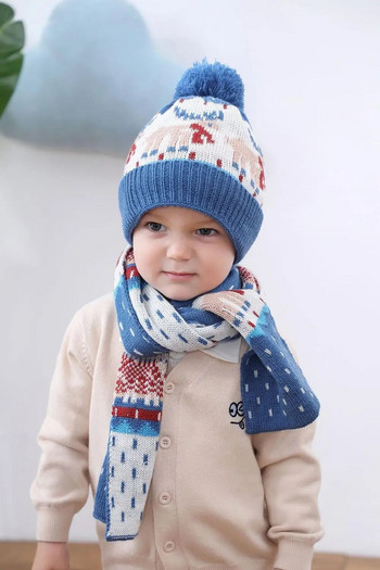 1-4T Бебешки Детски зимни шапки и комплект шалове Топла плетена шапка за малки деца Шапка Шапка Шапка с анимационни жакардови шапки Шалове Комплект от 2 части
