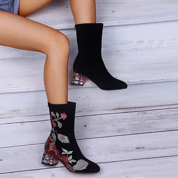 LazySeal Embroider Boots Дамски обувки до средата на прасеца Цветни диамантени квадратни токчета Заден цип Pu кожени чорапи Мотоциклетни ботуши