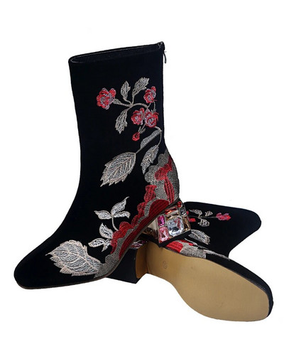 „LazySeal“ siuvinėti batai, moteriški batai iki vidurio blauzdos, spalvoti deimantiniai kvadratiniai aukštakulniai atgal užtrauktukas, odinės kojinės, motociklo batai