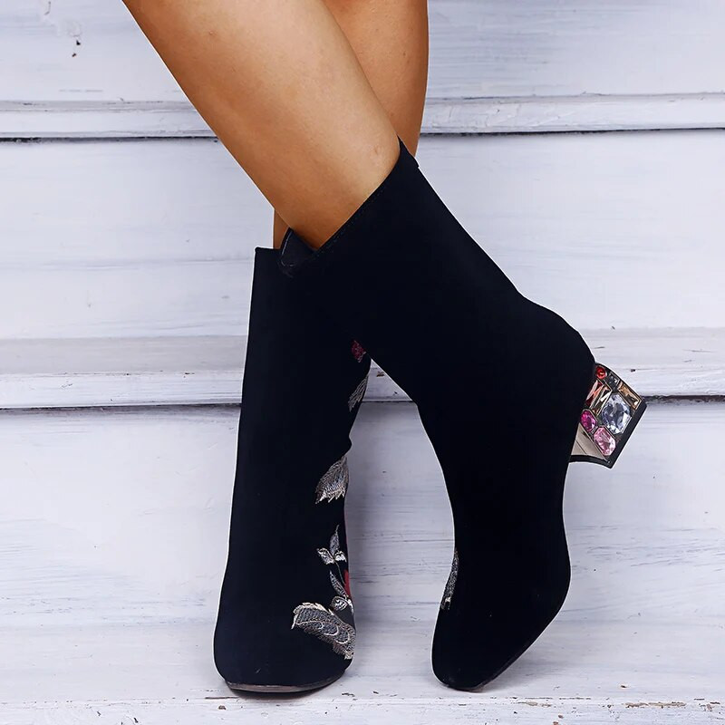 „LazySeal“ siuvinėti batai, moteriški batai iki vidurio blauzdos, spalvoti deimantiniai kvadratiniai aukštakulniai atgal užtrauktukas, odinės kojinės, motociklo batai