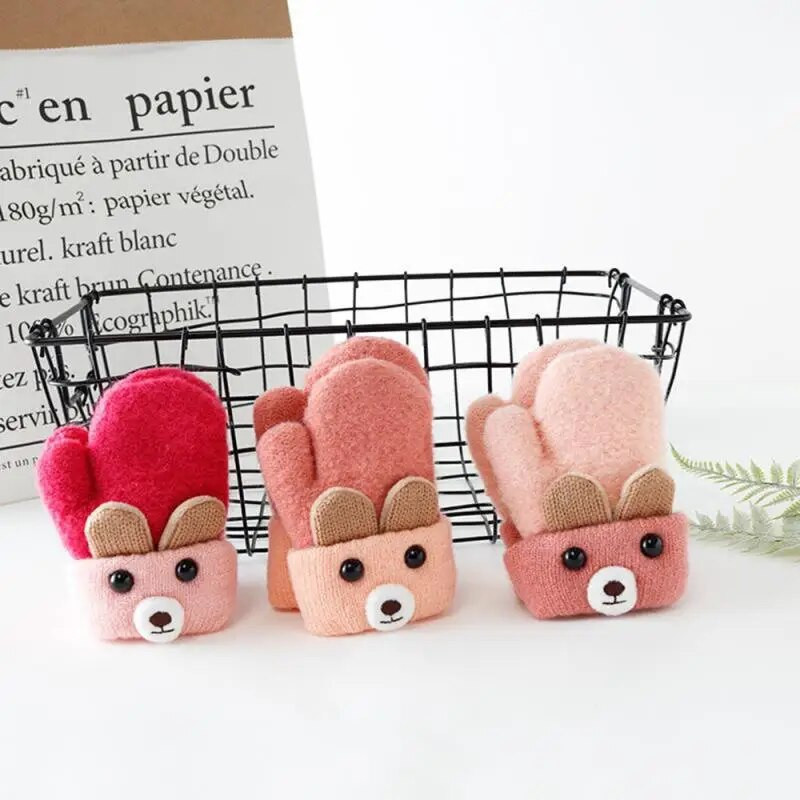 Παιδικά γάντια καινούργια 0-3 ετών Χαριτωμένο καρτούν αρκουδάκι μωρό αγόρια κορίτσια γάντια χειμωνιάτικο πλεκτό μαλλί νεογέννητα παιδιά ζεστά χοντρά γάντια χοντρά