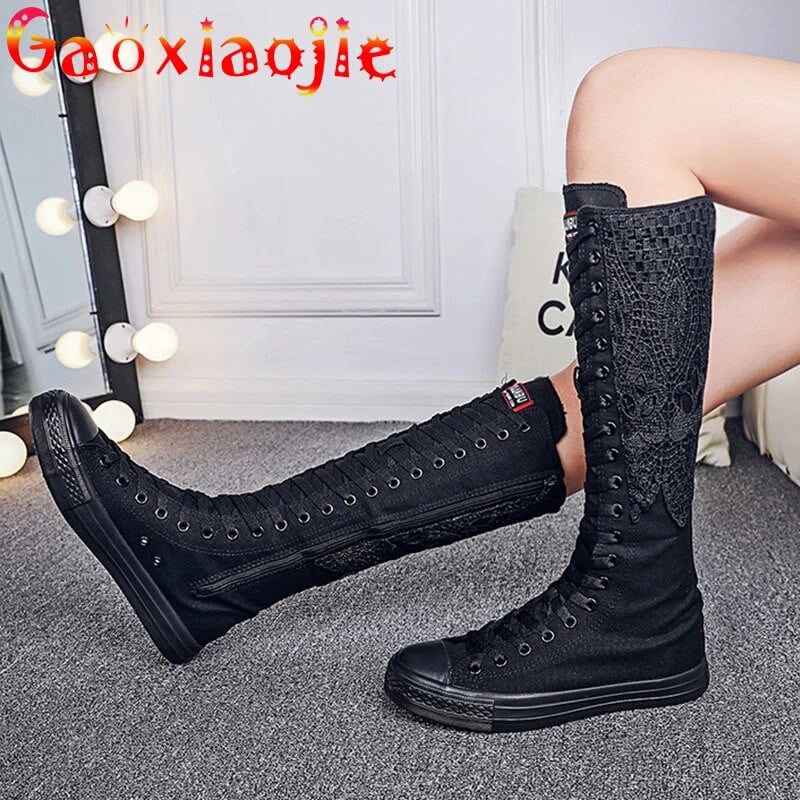 Hingavad pitsist lõuendist saapad Naiste mood vabaaja kõrge ülaosaga kõrge toruga saapad 2020. aasta kuuma sügise küljetõmblukuga esikinnitusega naiste kingad