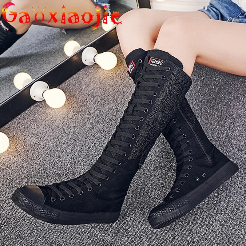 Hingavad pitsist lõuendist saapad Naiste mood vabaaja kõrge ülaosaga kõrge toruga saapad 2020. aasta kuuma sügise küljetõmblukuga esikinnitusega naiste kingad