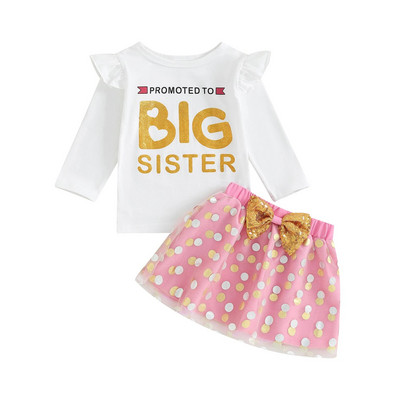 Citgeett sügiseste laste väikelaste tüdrukute riietus kirjatrükiga pikkade varrukatega särgid ja täpimustriga seelikukomplekt sügisriided