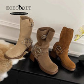 Cizme din piele intoarsa la mijlocul gambei pentru femei Toamna Cele mai noi Cizme occidentale cu varf patrat Cizme retro cu toc mijlociu Tocuri 6cm