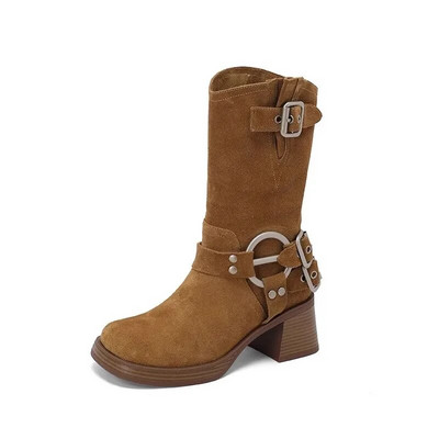 Cizme din piele intoarsa la mijlocul gambei pentru femei Toamna Cele mai noi Cizme occidentale cu varf patrat Cizme retro cu toc mijlociu Tocuri 6cm