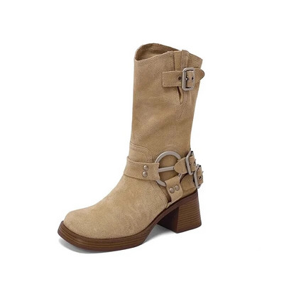 Cizme din piele intoarsa la mijlocul gambei pentru femei Toamna Cele mai noi Cizme occidentale cu varf patrat Cizme retro cu toc mijlociu Tocuri 6cm