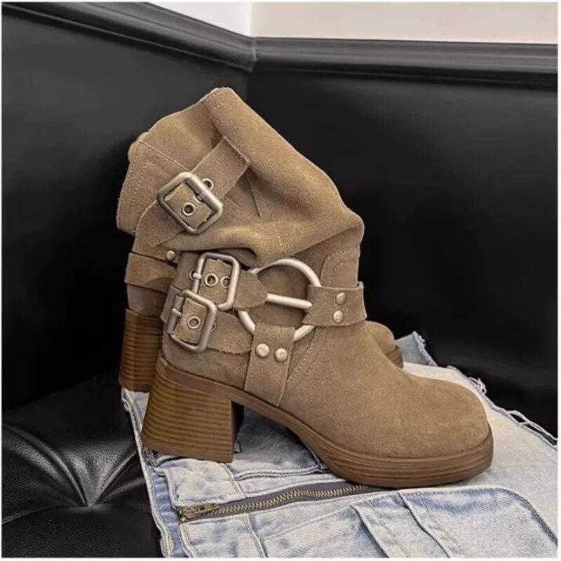 Naiste keskmise säärega seemisnahast saapad, sügis uusimad kandilise varbaga Western saapad Retro keskmise kontsaga saapad, kontsad 6 cm