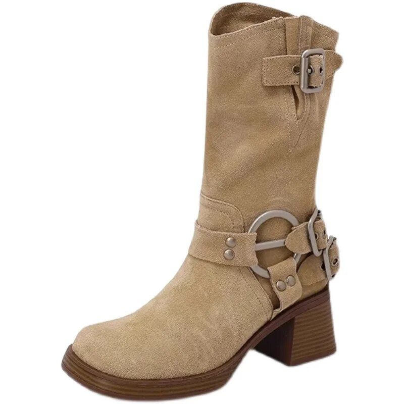 Naiste keskmise säärega seemisnahast saapad, sügis uusimad kandilise varbaga Western saapad Retro keskmise kontsaga saapad, kontsad 6 cm