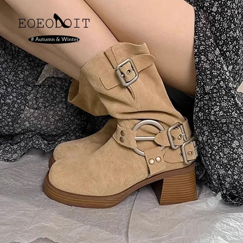 Naiste keskmise säärega seemisnahast saapad, sügis uusimad kandilise varbaga Western saapad Retro keskmise kontsaga saapad, kontsad 6 cm