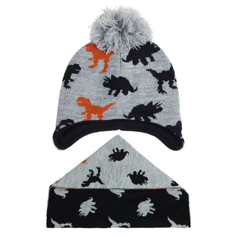 Σετ Παιδικά Αγόρια Κοριτσίστικα Καπέλο και Κασκόλ Winter Fleece Καπέλα & Καπέλα Ζεστά Πλεκτά Καπέλα & Καπέλα Cartoon Dinosaur Children Bomber Καπέλο Δαχτυλίδι 2 τεμαχίων