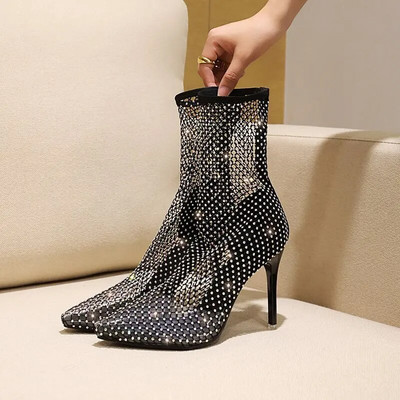 Cizme de damă 2023, design nou de marcă, strasuri strălucitoare, modă, cu toc stiletto, plasă, cu vârf ascuțit, club cu toc înalt sexy