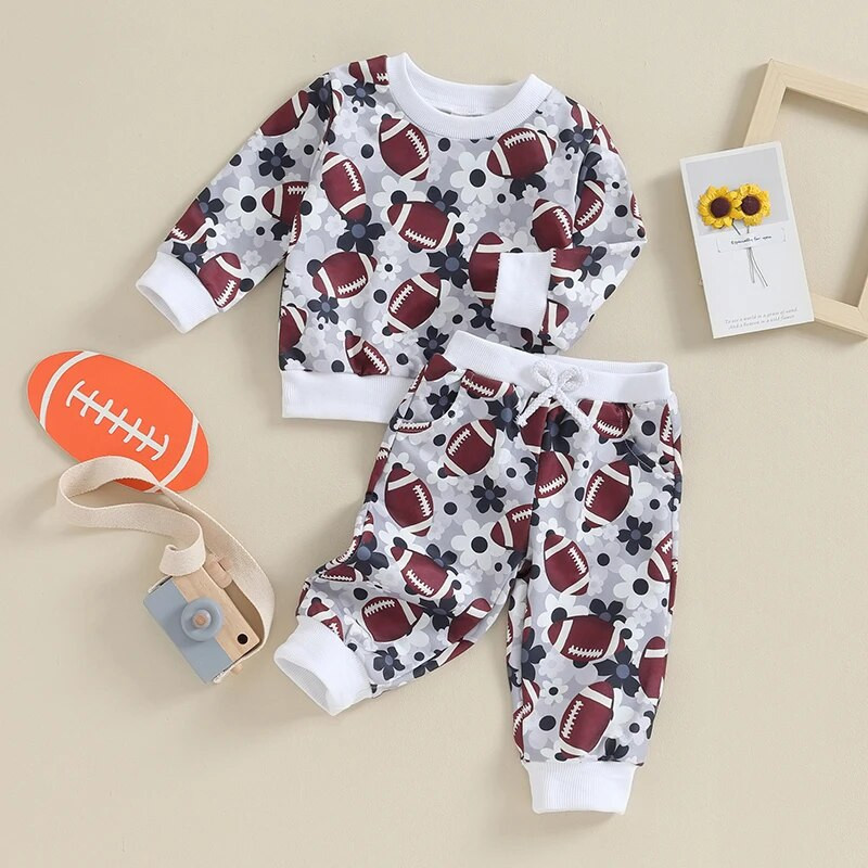 Citgeett Seturi de pantaloni de toamnă pentru fete mici, cu mânecă lungă, cu flori Rugby, imprimeu inimă, pantaloni cu șnur, seturi de primăvară