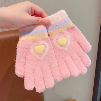 2023 Νέα αγόρια, κορίτσια, χαριτωμένα πλέξιμο με καρδιές κερασιών, μαλακά γάντια με πέντε δάχτυλα για παιδιά, ζεστά γάντια εξωτερικού χώρου, παιδικά χρώματα, γάντια