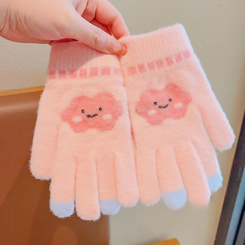 2023 Νέα αγόρια, κορίτσια, χαριτωμένα πλέξιμο με καρδιές κερασιών, μαλακά γάντια με πέντε δάχτυλα για παιδιά, ζεστά γάντια εξωτερικού χώρου, παιδικά χρώματα, γάντια
