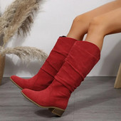 Cizme moderne din piele intoarsa de vaci la jumatatea gambei 2023 Reducere fierbinte Pantofi de dama cu toc patrat Cizme de dama cu slip-on cu varf rotund, cu toc mic, pliate