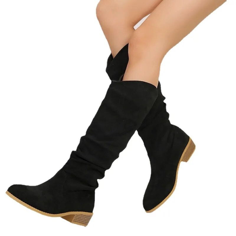 Lehma seemisnahast 2023. aasta moodsad saapad ruudukujulise kontsaga naiste kingad Talvised libisevad ümmarguse varbaga madala kontsaga plisseeritud naiste saapad