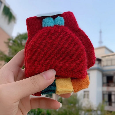 Mäkké pletené teplé flipové palčiaky pre deti, zimné päťprstové detské rukavice, roztomilé kreslené bagre, teplé doplnky