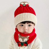 Χειμωνιάτικα μωρά αγόρια και κορίτσια ζεστό βαμβακερό πλεκτό χριστουγεννιάτικο καπέλο Φουλάρι σετ άλκες κέντημα μικρό κουδούνι Καπέλα χριστουγεννιάτικο δώρο