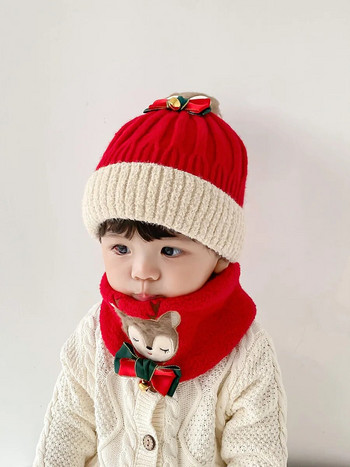 Зимни бебета, момчета и момичета, топла памучна плетена коледна шапка Комплект шалове, бродерия на лосове, малка камбанка, шапки, коледен подарък
