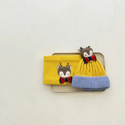 Χειμωνιάτικα μωρά αγόρια και κορίτσια ζεστό βαμβακερό πλεκτό χριστουγεννιάτικο καπέλο Φουλάρι σετ άλκες κέντημα μικρό κουδούνι Καπέλα χριστουγεννιάτικο δώρο