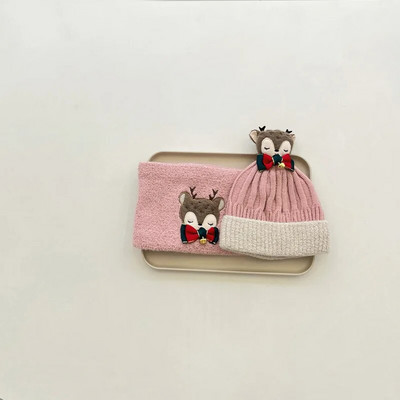 Χειμωνιάτικα μωρά αγόρια και κορίτσια ζεστό βαμβακερό πλεκτό χριστουγεννιάτικο καπέλο Φουλάρι σετ άλκες κέντημα μικρό κουδούνι Καπέλα χριστουγεννιάτικο δώρο