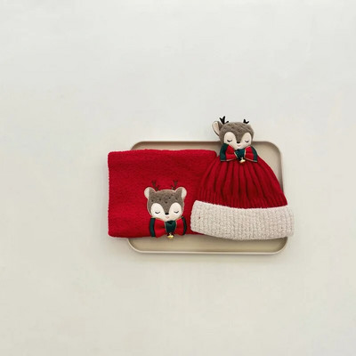 Χειμωνιάτικα μωρά αγόρια και κορίτσια ζεστό βαμβακερό πλεκτό χριστουγεννιάτικο καπέλο Φουλάρι σετ άλκες κέντημα μικρό κουδούνι Καπέλα χριστουγεννιάτικο δώρο