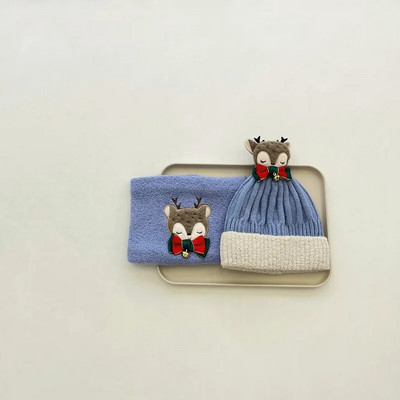 Χειμωνιάτικα μωρά αγόρια και κορίτσια ζεστό βαμβακερό πλεκτό χριστουγεννιάτικο καπέλο Φουλάρι σετ άλκες κέντημα μικρό κουδούνι Καπέλα χριστουγεννιάτικο δώρο