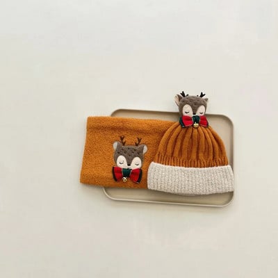 Χειμωνιάτικα μωρά αγόρια και κορίτσια ζεστό βαμβακερό πλεκτό χριστουγεννιάτικο καπέλο Φουλάρι σετ άλκες κέντημα μικρό κουδούνι Καπέλα χριστουγεννιάτικο δώρο