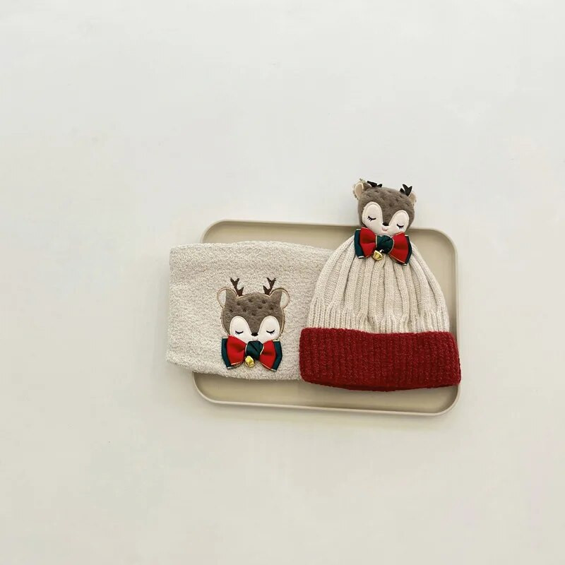 Χειμωνιάτικα μωρά αγόρια και κορίτσια ζεστό βαμβακερό πλεκτό χριστουγεννιάτικο καπέλο Φουλάρι σετ άλκες κέντημα μικρό κουδούνι Καπέλα χριστουγεννιάτικο δώρο