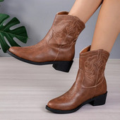 Cowboy κοντά μποτάκια για γυναίκες Cowgirl Fashion Western Boots Γυναικεία κεντημένα casual τετράγωνα παπούτσια