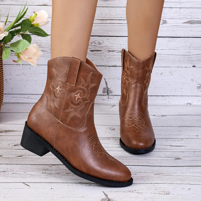 Cowboy κοντά μποτάκια για γυναίκες Cowgirl Fashion Western Boots Γυναικεία κεντημένα casual τετράγωνα παπούτσια
