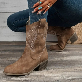 Γυναικείες γυναικείες μπότες με κέντημα μόδας Χοντρό τακούνι Γυναικείο 2023 Νέο Σλιπ Σχέδιο Αστέρων σε Μπότες Cowboy Cowgirl Μαύρες επωνυμίες