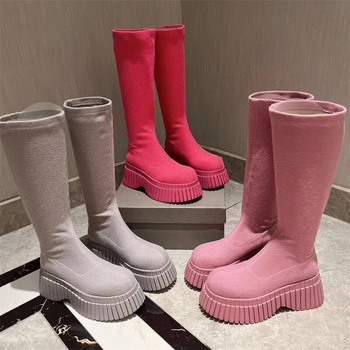 Ελαστικές μπότες με ψηλό σωλήνα 2023 φθινόπωρο/χειμώνας νέα γυναικεία παπούτσια με χοντρή σόλα με μακρύ σωλήνα πλεκτά ελαστικές μπότες και μπότες κάλτσες