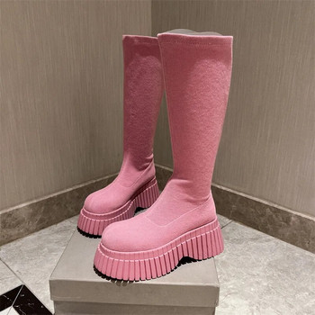 Ελαστικές μπότες με ψηλό σωλήνα 2023 φθινόπωρο/χειμώνας νέα γυναικεία παπούτσια με χοντρή σόλα με μακρύ σωλήνα πλεκτά ελαστικές μπότες και μπότες κάλτσες
