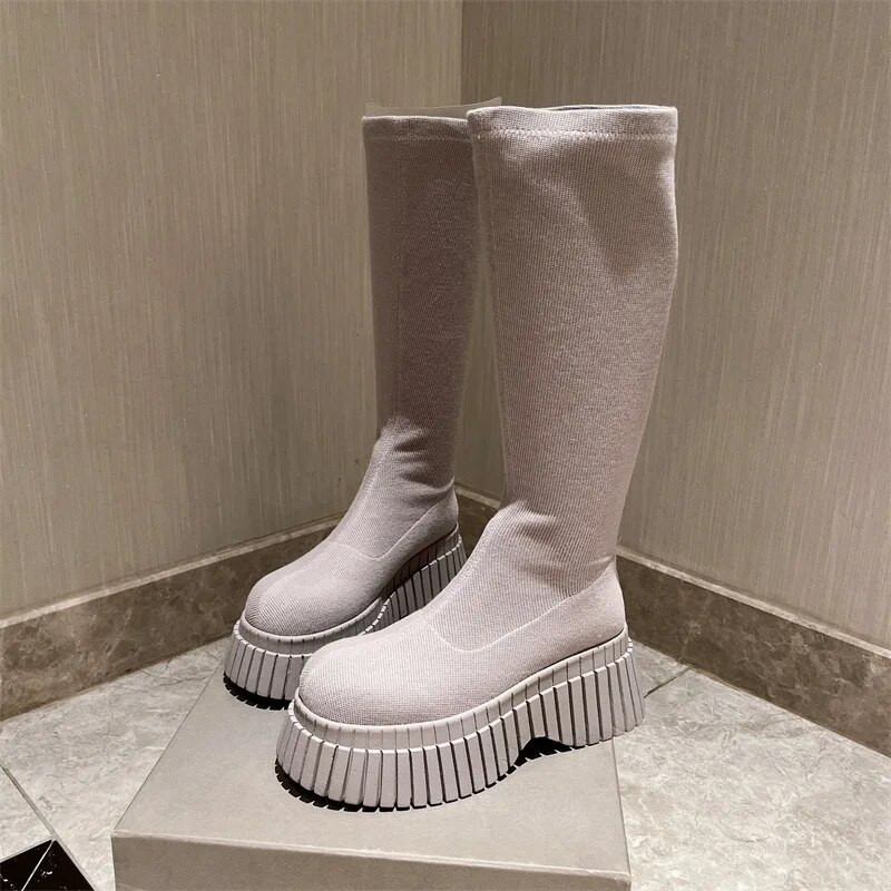 Cizme elastice cu tub inalt 2023 toamna/iarna pantofi noi de dama cu talpa groasa cizme elastice din tricot cu tub lung si cizme sosete