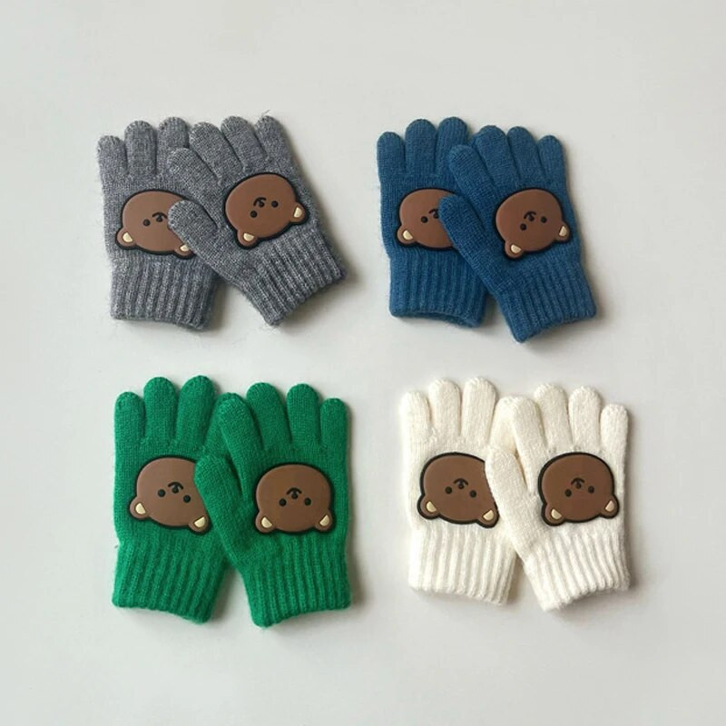 3-7Y Cartoon Bear Baby Kid Mittens Zimné vonkajšie teplé dievčatko Chlapčenské päťprstové rukavice z alpaky Vlna Detské batoľa Hrubé rukavice