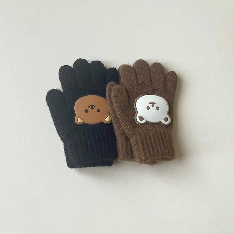 3-7Y Cartoon Bear Baby Kid Mittens Zimné vonkajšie teplé dievčatko Chlapčenské päťprstové rukavice z alpaky Vlna Detské batoľa Hrubé rukavice