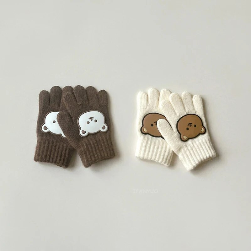 3-7Y Cartoon Bear Baby Kid Mittens Zimné vonkajšie teplé dievčatko Chlapčenské päťprstové rukavice z alpaky Vlna Detské batoľa Hrubé rukavice