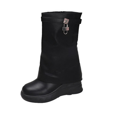 Fashions Wedges Μποτάκια Πλατφόρμας για Γυναικεία 2024 Σχέδιο Shark Lock Ροζ με φερμουάρ στη μέση της γάμπας Μαλακό δερμάτινο μποτάκι μοτοσικλέτας Botas