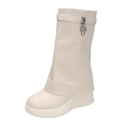 Fashions Wedges Μποτάκια Πλατφόρμας για Γυναικεία 2024 Σχέδιο Shark Lock Ροζ με φερμουάρ στη μέση της γάμπας Μαλακό δερμάτινο μποτάκι μοτοσικλέτας Botas