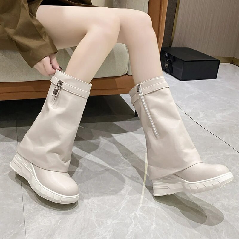 Fashions Wedges Μποτάκια Πλατφόρμας για Γυναικεία 2024 Σχέδιο Shark Lock Ροζ με φερμουάρ στη μέση της γάμπας Μαλακό δερμάτινο μποτάκι μοτοσικλέτας Botas